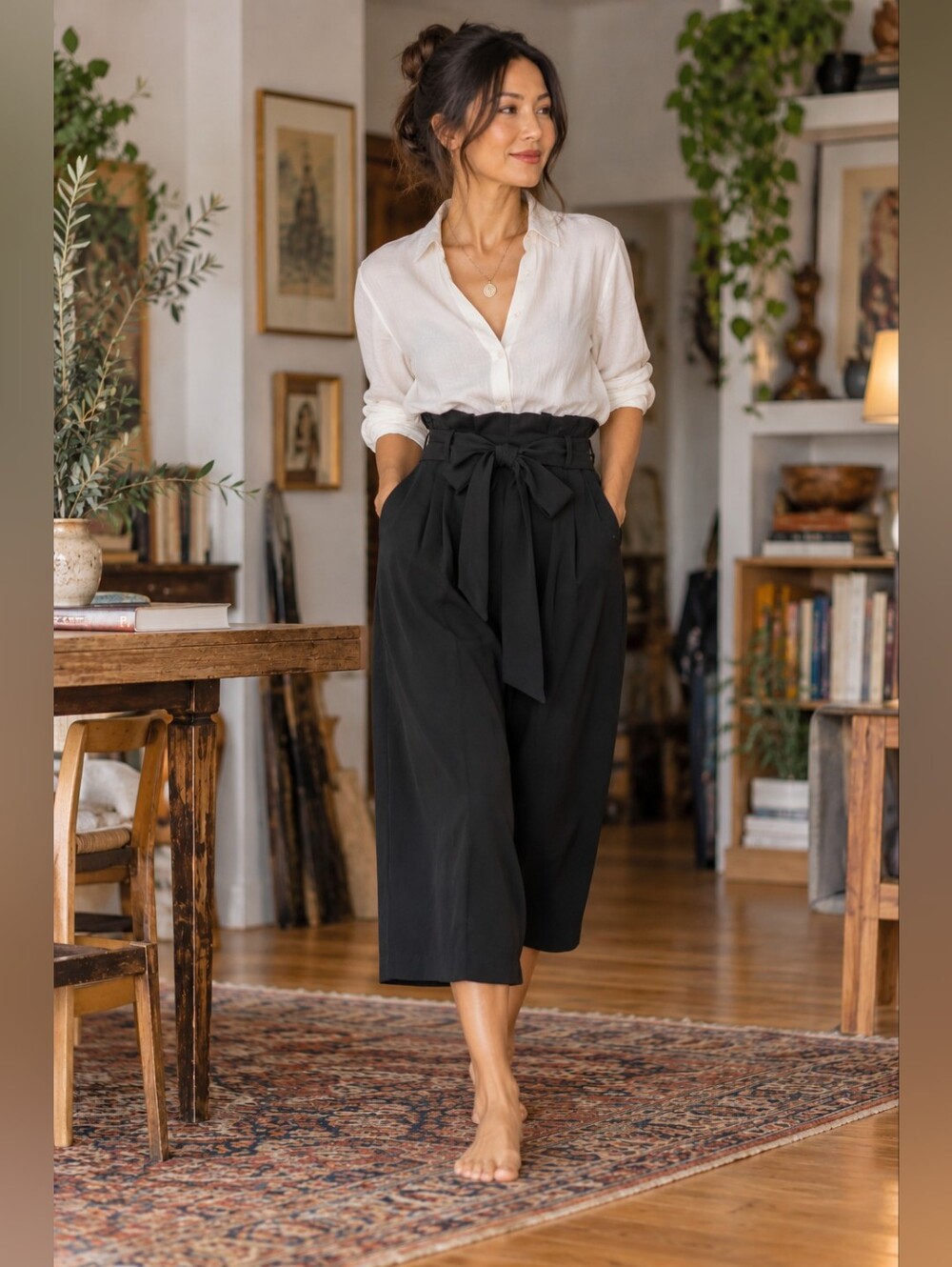 ONLY Black Paperbag Waist Pants With Front Bow And Pockets
